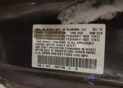 2014 Honda Odyssey Ex-L z USA, uszkodzony, nr VIN 5FNRL5H67EB111433